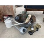 A MIXED LOT TO INCLUDE WEIGHING SCALES, METAL WATERING CAN ETC