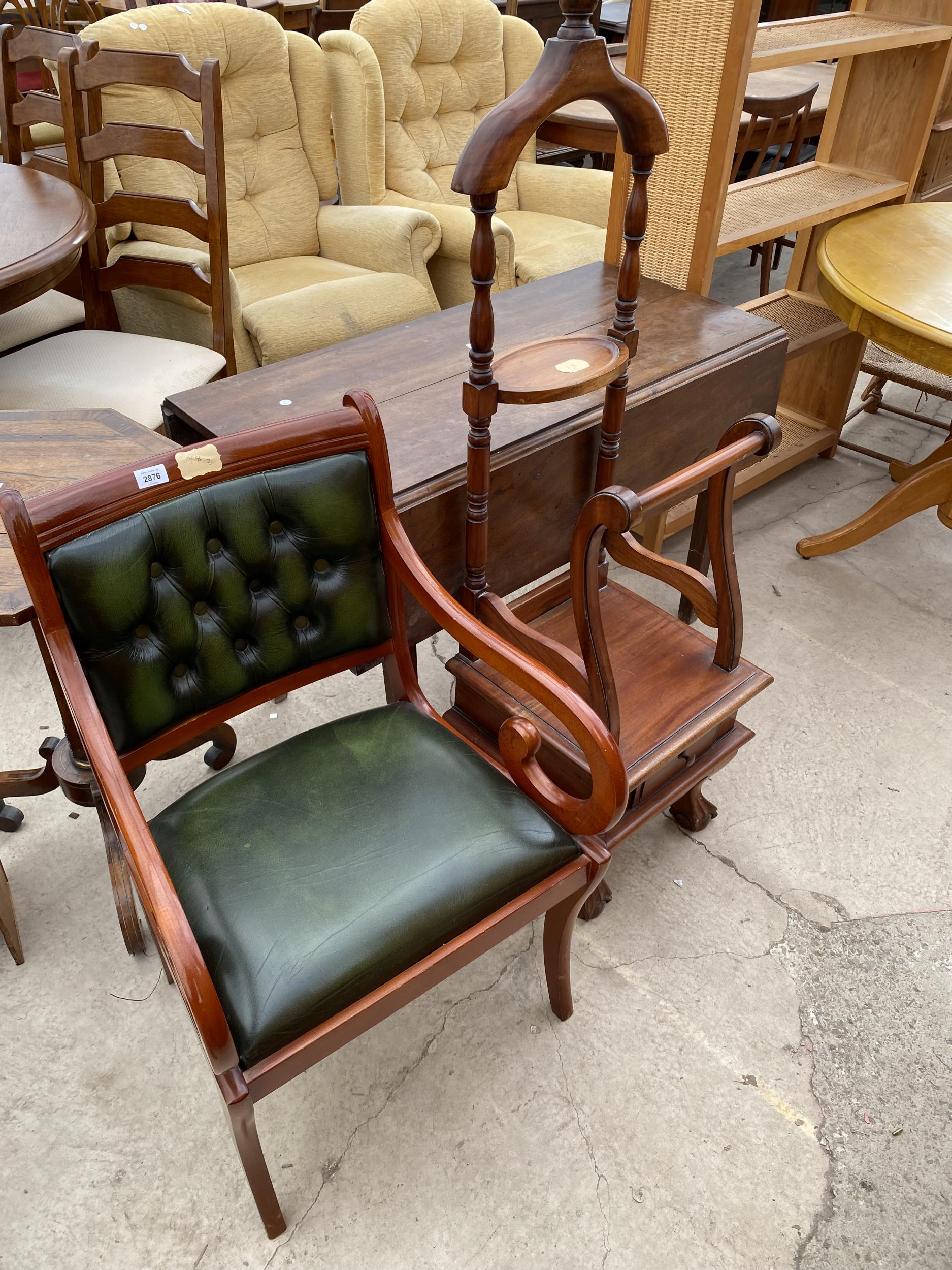 A REGENCY STYLE CARVER CHAIR AND HARDWOOD GENTLEMANS SUIT STAND, ON BALL AND CLAW FEET