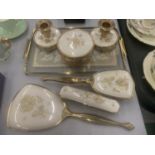 A VINTAGE DRESSING TABLE SET TO INCLUDE A GLASS TRAY, CANDLESTICKS, TRINKET BOX, BRUSHES AND HAND