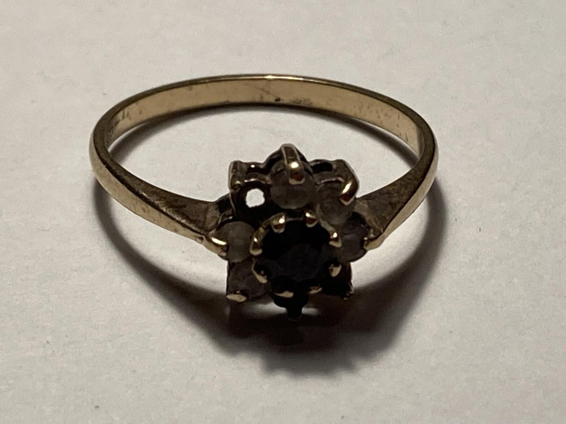A 9 CARAT YELLOW GOLD RING WITH CENTRE GARNET AND FIVE SURROUNDING (TWO MISSING SHOULD HAVE SEVEN)