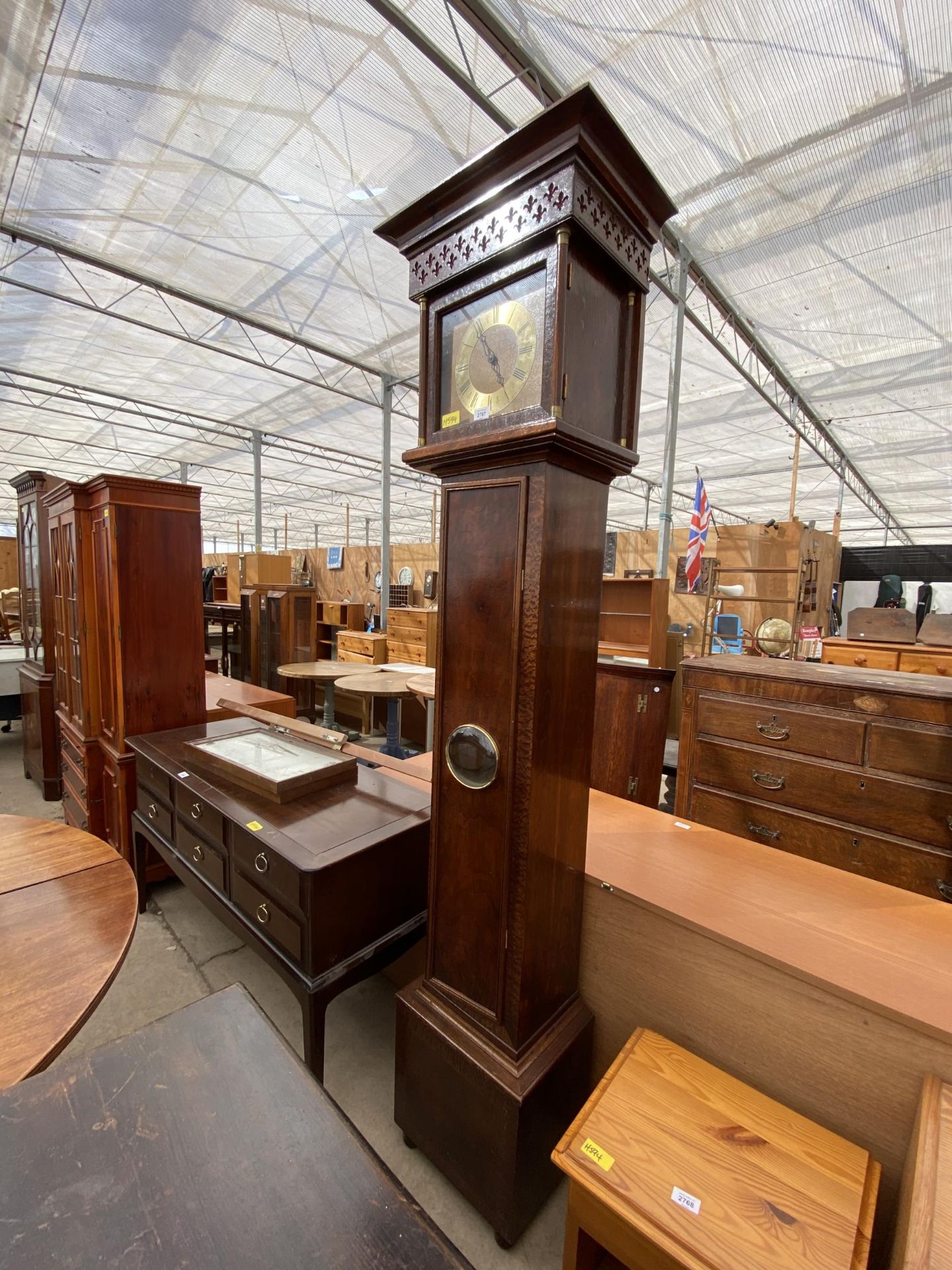 A REPRODUCTION LONG CASE CLOCK WITH BULLSEYE GLASS