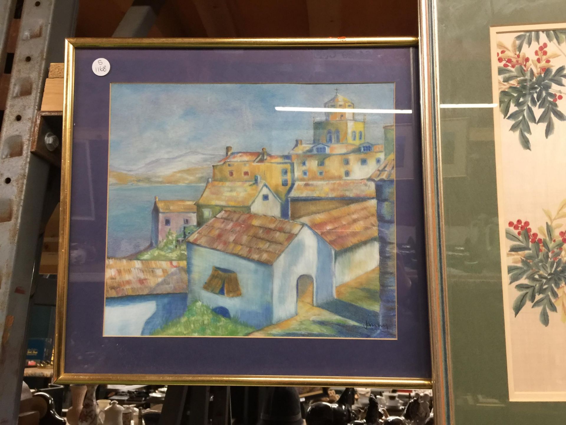 A FRAMED HANDPAINTED ON MATERIAL ORIENTAL STYLE TOGETHER WITH A PASTELS ON PAPER SCENIC - Image 2 of 4