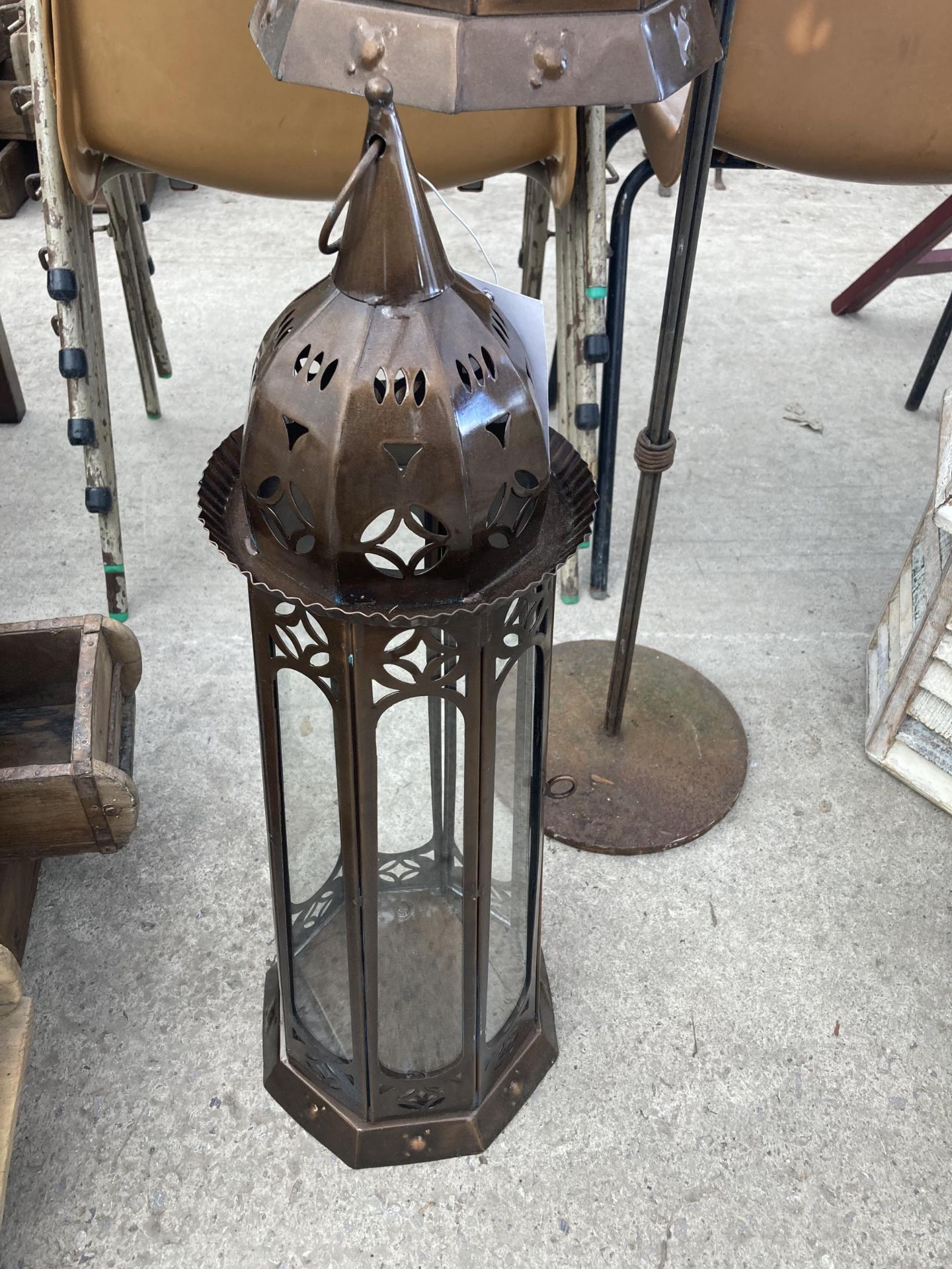 A METAL HANGING LANTERN AND STAND AND FURTHER LANTERN - Image 3 of 3
