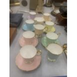 A QUANTITY OF CROWN STAFFORDSHIRE 'HARLEQUIN' CUPS, SAUCERS, CREAM JUGS AND SUGAR BOWL