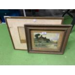 TWO FRAMED PENCIL AND WATERCOLOURS ON PAPER OF RURAL SCENES ONE WITH ARTISTS SIGNATURE