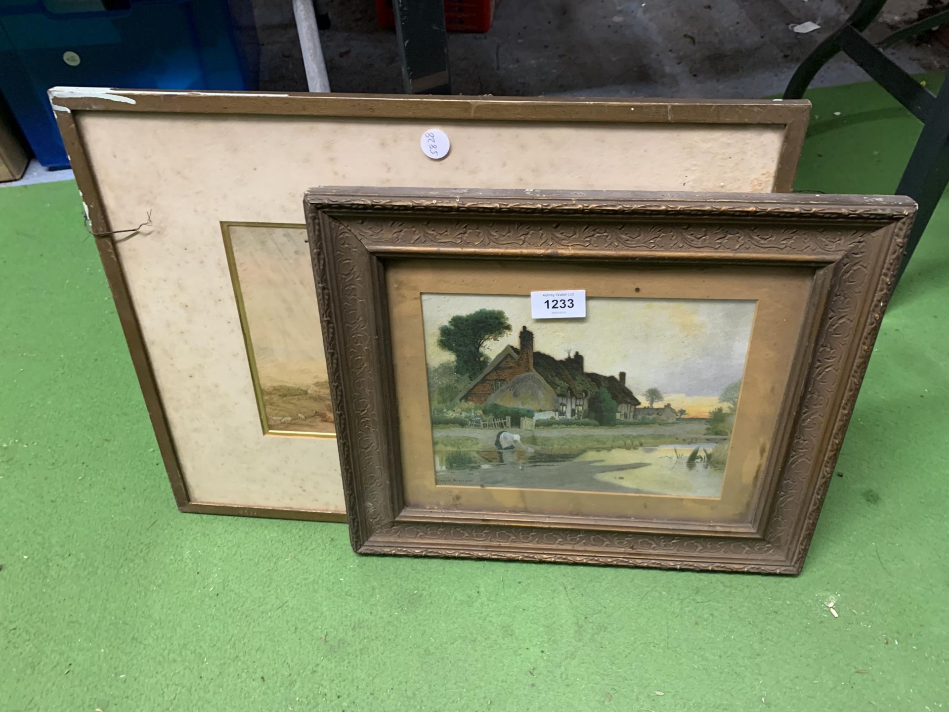 TWO FRAMED PENCIL AND WATERCOLOURS ON PAPER OF RURAL SCENES ONE WITH ARTISTS SIGNATURE