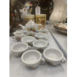 A MINIATURE CHILD'S POTTERY TEASET TO INCLUDE TEAPOT, JUGS, CUPS, ETC WITH A TEDDY BEARS PICNIC