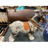 A VINTAGE ROMANY STYLE WOODEN CARAVAN WITH SMALL BUCKET ACCESSORIES PLUS A DAPPLE GREY SHIRE HORSE