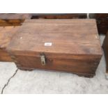 AN INDIAN HARDWOOD BOX WITH BRASS STRAPS, 19" WIDE