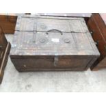 AN INDIAN HARDWOOD BOX WITH METAL STRAPWORK + DECORATION, 17" WIDE