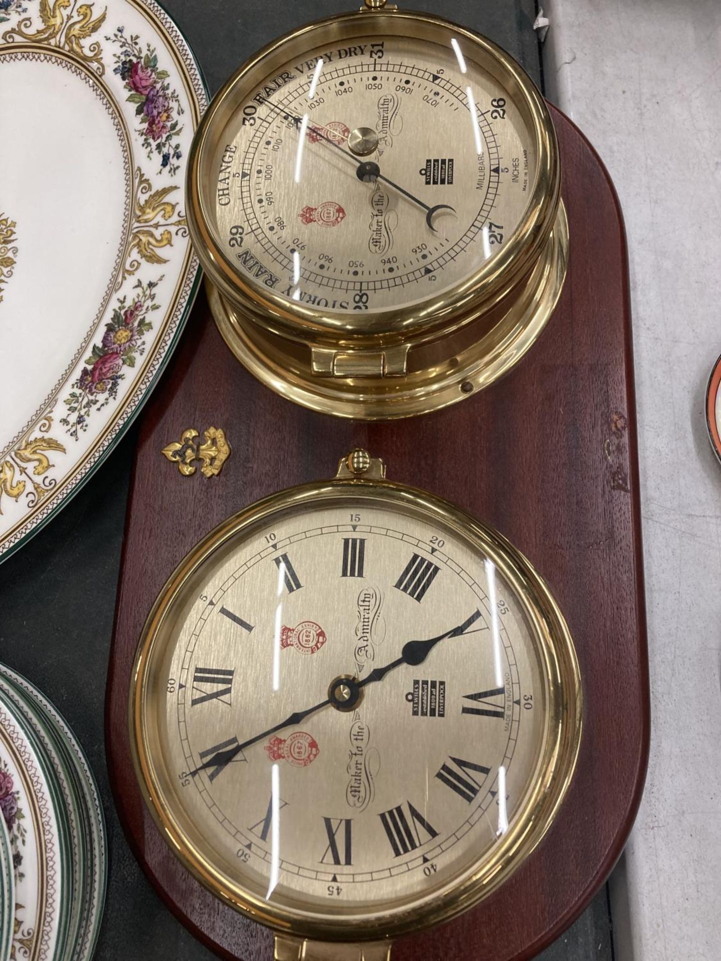 TWO BRASS BAROMETERS AND CLOCKS MOUNTED ON WOODEN PLINTHS - Image 3 of 3