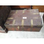AN INDIAN HARDWOOD BOX WITH BRASS STRAPS, 13" WIDE