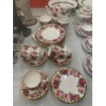 A ROYAL ALBERT 'OLD ENGLISH ROSE' TEASET TO INCLUDE A TEAPOT- SLIGHT RUB TO ONE ROSE - CAKE PLATE,