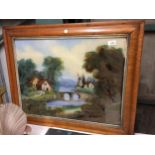 AN OIL ON GLASS PAINTING OF A CONTINENTAL SCENE IN A WOODEN FRAME 79CM X 64CM