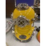 A YELLOW AND CHROME REPLICA DIVERS HELMET
