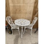 A VINTAGE CAST ALLOY BISTRO SET COMPRISING OF A ROUND TABLE AND TWO CHAIRS