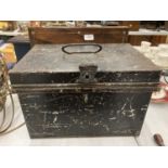 A LARGE METAL DEED BOX