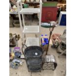 AN ASSORTMENT OF ITEMS TO INCLUDE A SHELVING UNIT, A CANDLE HOLDER AND A WINE RACK ETC