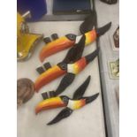 A SET OF THREE GRADUATING WALL MOUNTED TOUCANS LENGTH OF BIGGEST 38CM