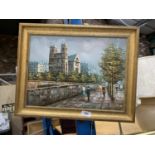A FRAMED OIL ON CANVAS OF A CONTINENTAL STREET SCENE SIGNED J K 38CM X 48CM