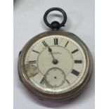 A HALLMARKED CHESTER SILVER POCKET WATCH (A/F NO SECOND OR MINUTE HAND) IN A CASE