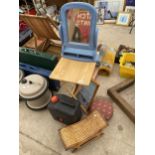 A LARGE ASSORTMENT OF ITEMS TO INCLUDE A FOLDING TABLE, WATER BARREL AND A STOOL ETC