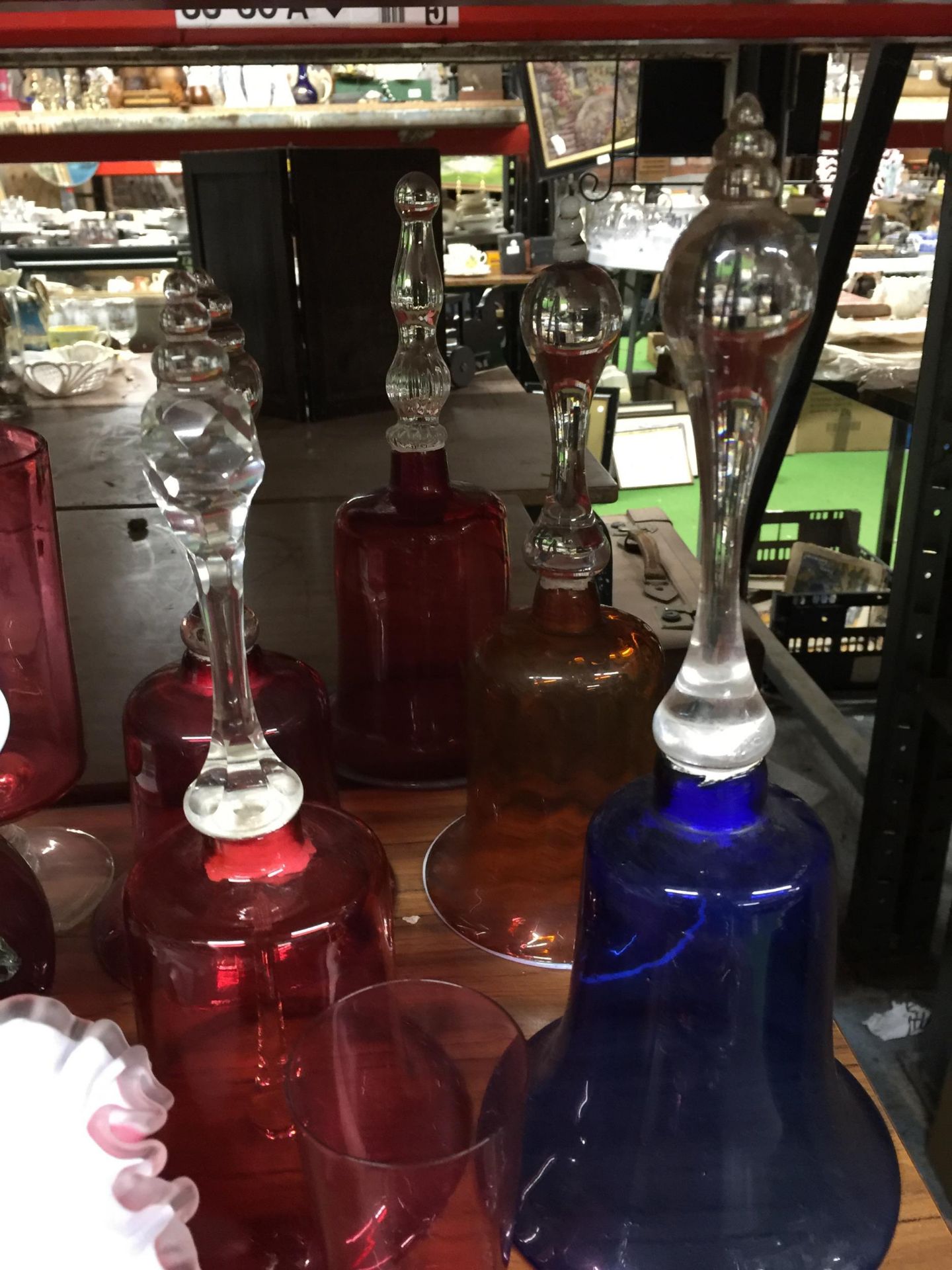 FIVE LARGE COLOURED GLASS BELLS, CRANBERRY GLASS BOWLS, VASES, ETC - Image 2 of 5