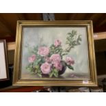 A GILT FRAMED STILL LIFE OIL ON CANVAS OF FLOWERS SIGNED THOMAS G HILL 1975 58CM X 48CM