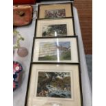 FOUR VINTAGE MACCLESFIELD SILK PICTURES TO INCLUDE 'OTTER HUNTING', 'GAWSWORTH OLD REFECTORY', '