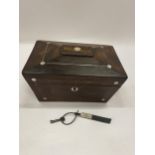 A VICTORIAN ROSEWOOD AND MOTHER OF PEARL TEA CADDY WITH TWO INNER COMPARTMENTS