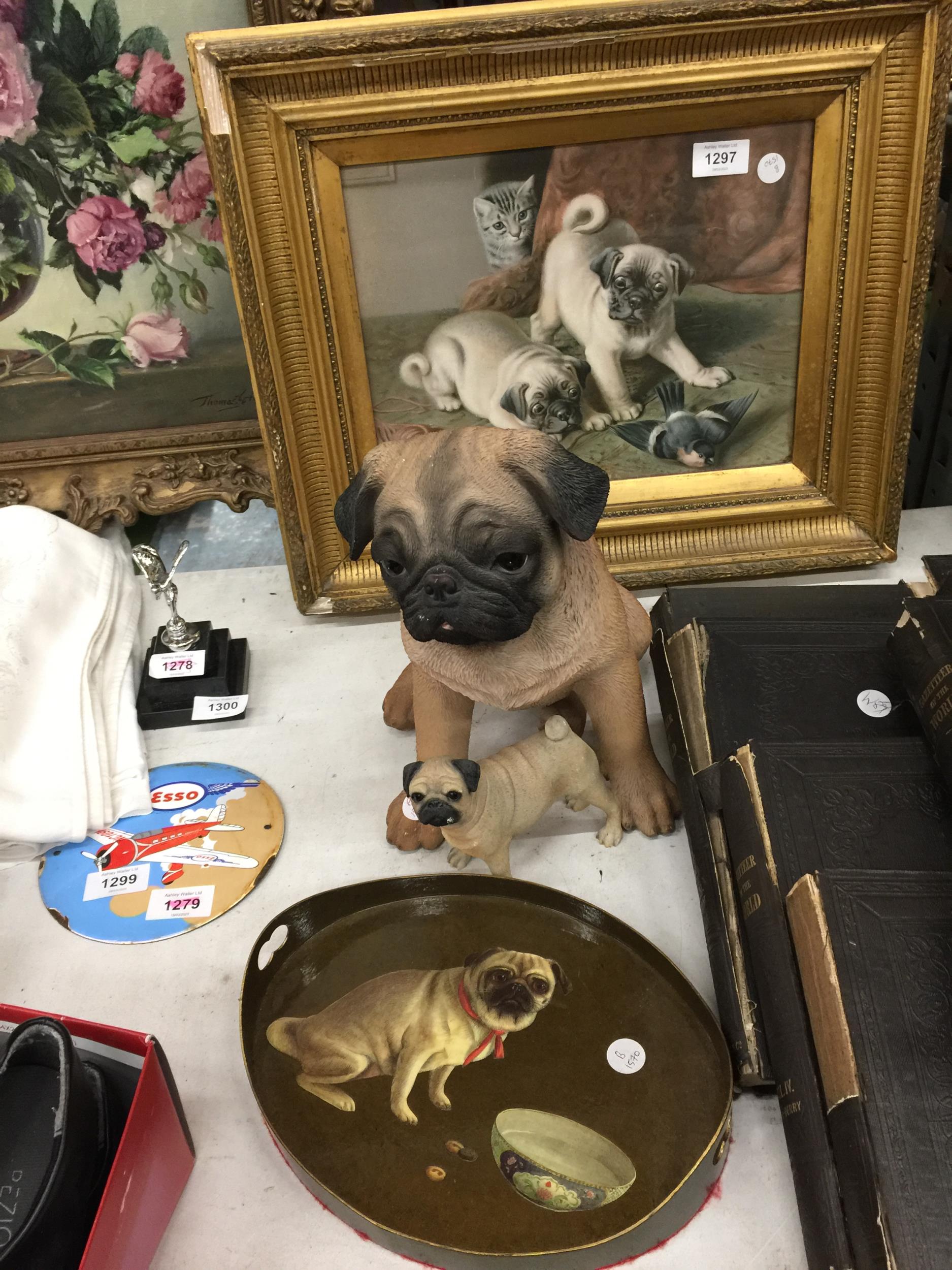 A CHARMING PRINT IN STILL LIFE FASHION OF TWO PUG DOGS A CAT AND A BIRD TOGETHER WITH TWO RESIN