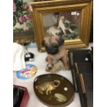 A CHARMING PRINT IN STILL LIFE FASHION OF TWO PUG DOGS A CAT AND A BIRD TOGETHER WITH TWO RESIN
