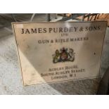 A JAMES PURDEY & SONS GUN & RIFLE MAKERS TIN SIGN 70CM X 50CM