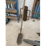 A DITCHING SPADE AND A TWIN HANDLE POST KNOCKER