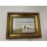 A GILT FRAMED OIL ON BOARD OF A SAILING BOAT, NORFOLK, 20 X 26CM