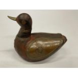 A MIDDLE EASTERN COPPER AND LEATHER DUCK FIGURE, LENGTH 12CM