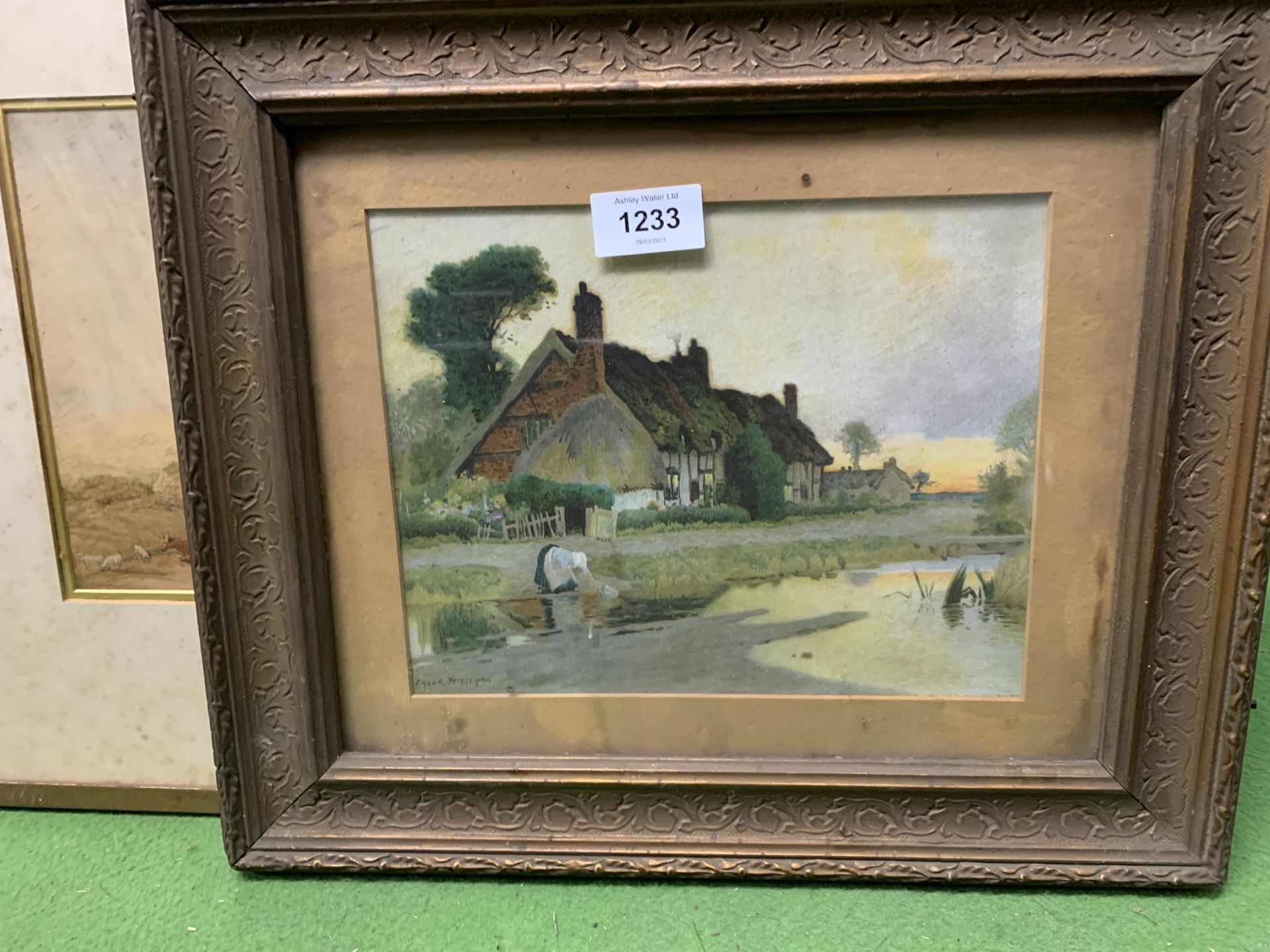 TWO FRAMED PENCIL AND WATERCOLOURS ON PAPER OF RURAL SCENES ONE WITH ARTISTS SIGNATURE - Image 2 of 3