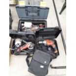 AN ASSORTMENT OF TOOLS TO INCLUDE A BLACK AND DECKER GRINDER AND DRILL AND TOOL BOX