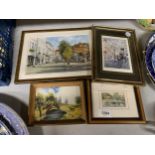 TWO FRAMED PRINTS ONE OF A PARIS SCENE, A FURTHER OIL ON BOARD AND WATERCOLOUR