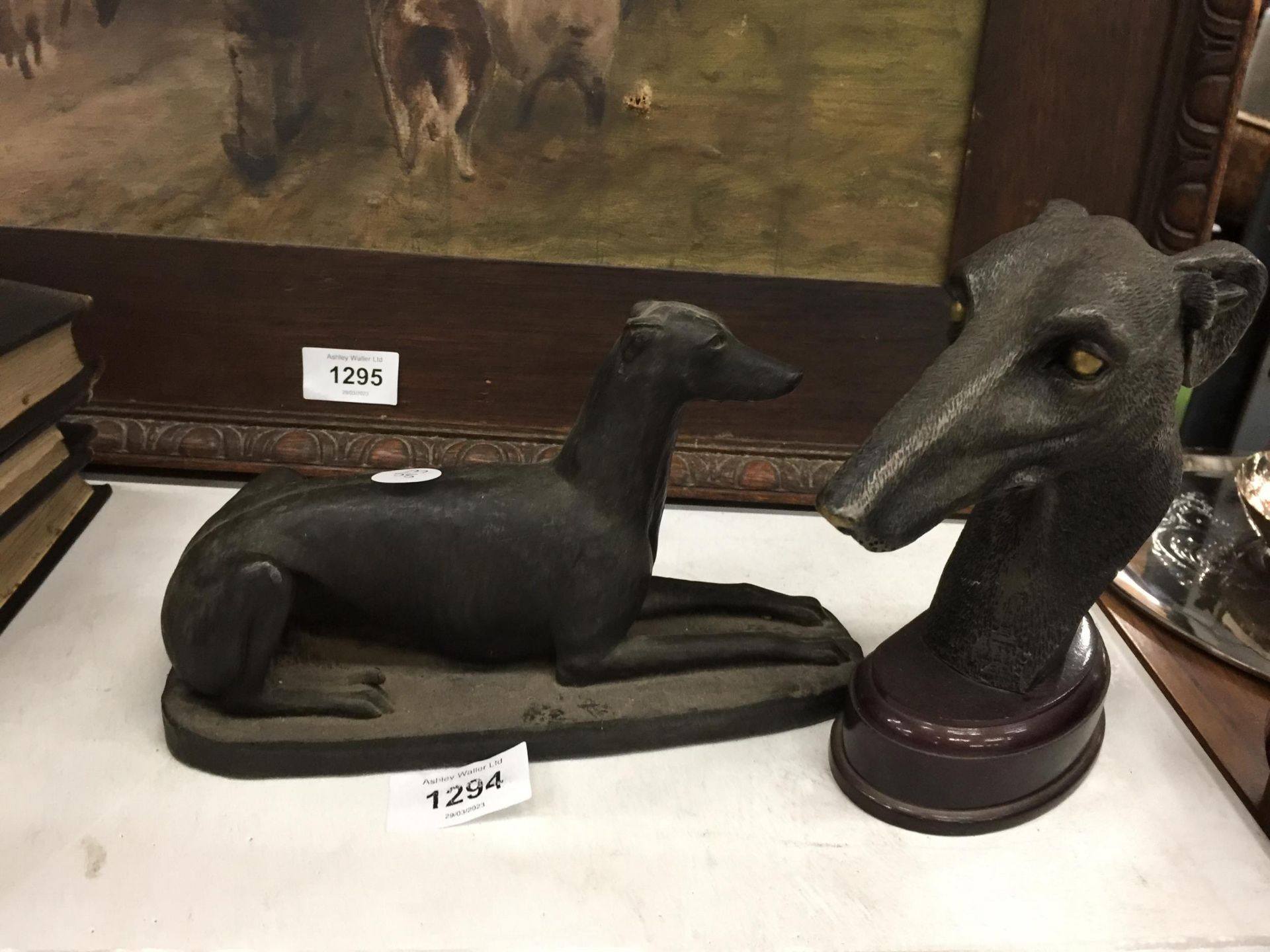 TWO METAL FIGURES OF GREYHOUNDS ON STANDS