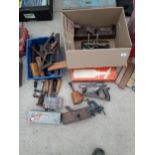 AN ASSORTMENT OF VINTAGE TOOLS TO INCLUDE, FILES, STANLEY WOOD PLANE, CLAMPS, ETC