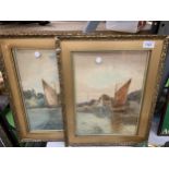 TWO VINTAGE GILT FRAMED WATERCOLOURS OF SAILING BOATS ON A LAKE, INDISTINCT SIGNATURE TO THE