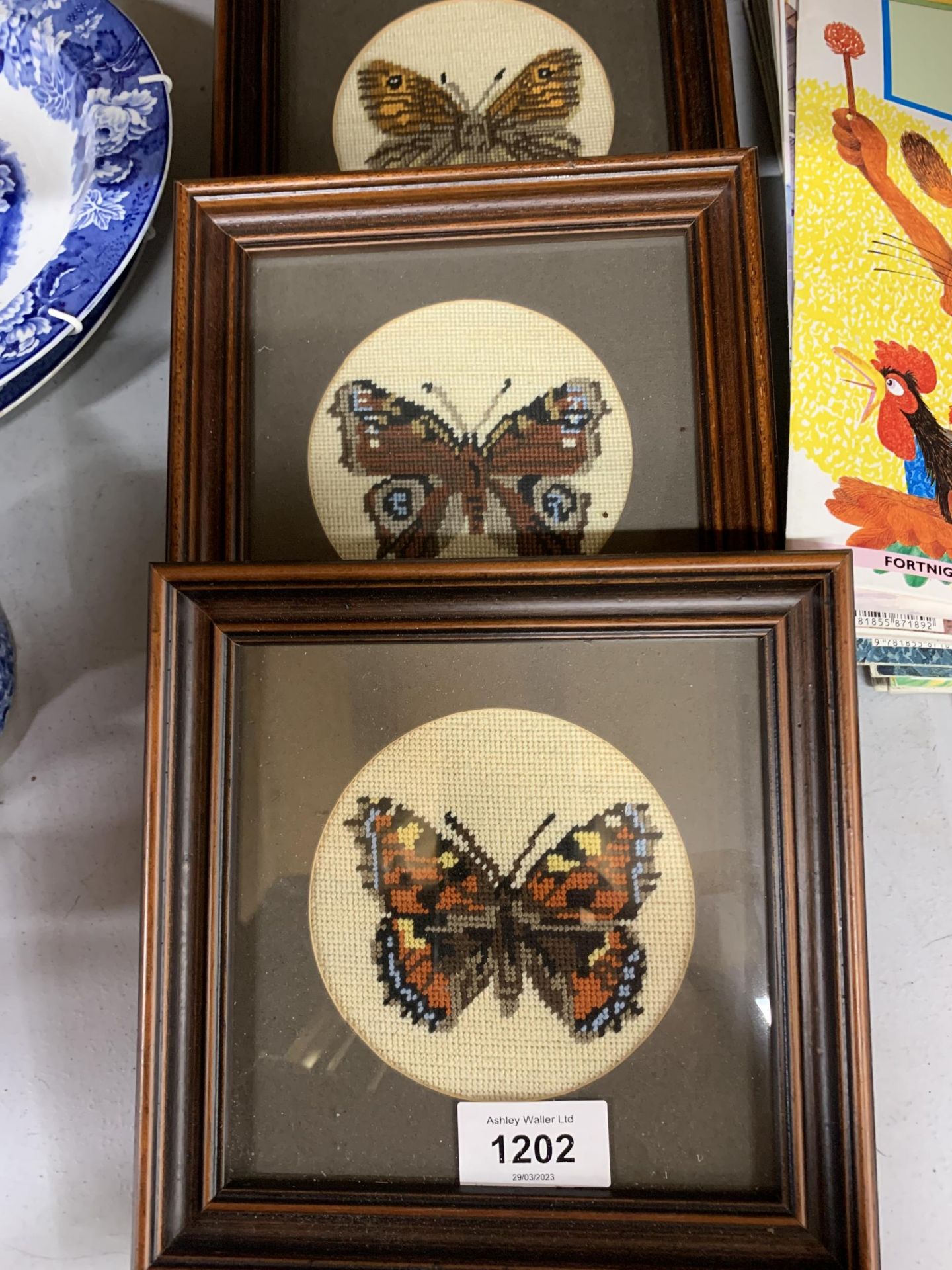 FOUR FRAMED AND MOUNTED WOOL WORK OF BUTTERFLIES - Image 3 of 3