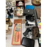 VARIOUS ITEMS TO INCLUDE SAT NAVS, BINOCULARS, VINTAGE TRAVEL IRON, TROUSER PRESS ETC