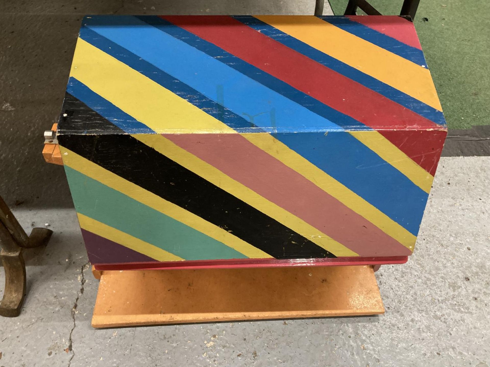 A PAINTED WOODEN TOMBOLA RAFFLE BOX