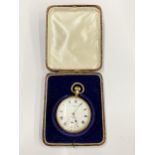 A VINTAGE 9CT GOLD BUREN GRAND PRIX OPEN FACED POCKET WATCH WITH SUBSIDIARY SECONDS DIAL, IN DENISON