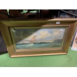 A LARGE GILT FRAMED OIL PAINTING OF SHIPS ON CHOPPY WATERS, INDISTINCT SIGNATURE - A/F