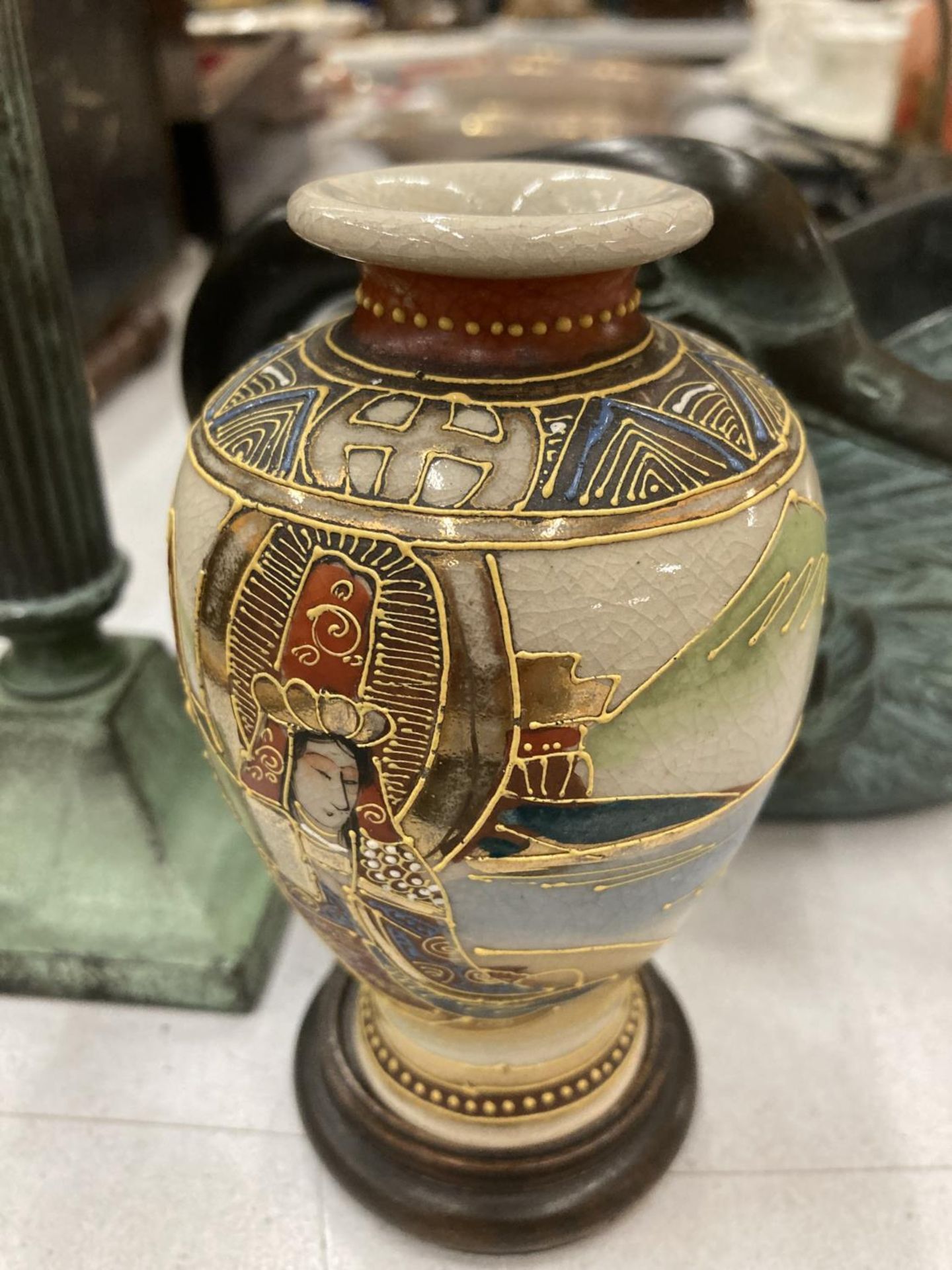 AN ANTIQUE STYLE METAL CANDLESTICK AND DUCK BOWL PLUS AND ORIENTAL STYLE SMALL VASE - Image 2 of 4