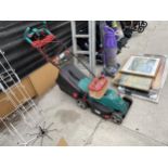 AN ELECTRIC BOSCH ROTAK 370ER LAWN MOWER WITH GRASS BOX AND A FUEL CAN