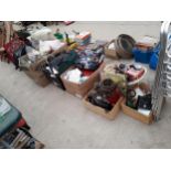 SEVEN BOXES OF VARIOUS HOUSEHOLD ITEMS TO INCLUDE CUSHIONS, CURTAINS, TIES, BAGS, ETC